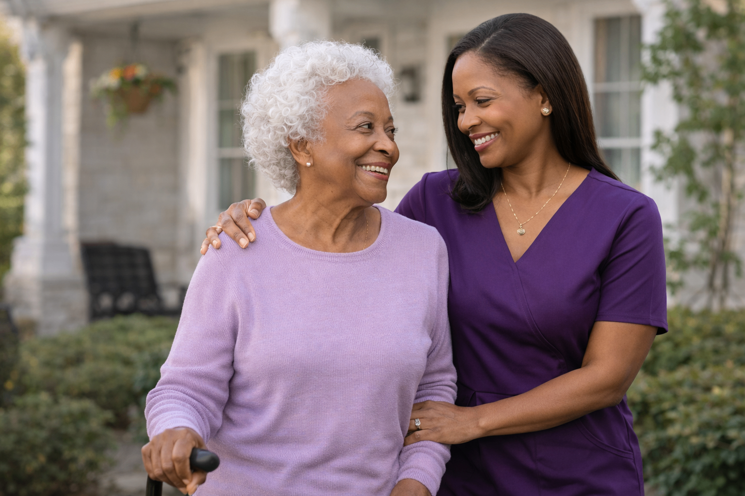 Founder walking with an older adult outside